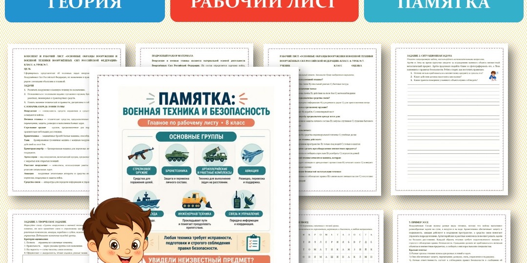 "Основные образцы вооружения и военной техники Вооруженных Сил Российской Федерации" рабочий лист. ОБЗР 8 класс. Урок №7.