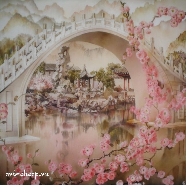 Сад камней. Шелк / холодный батик / 100x100 см. Источник изображения : art-katalog.com›ru/painter/515 и http://art-cheap.ru›gallery/18