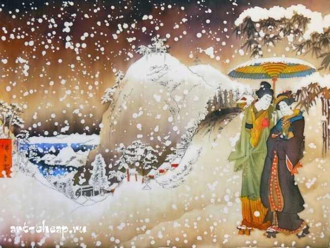 Двое под зонтом. Шелк / холодный батик / 40x60 см. Источник изображения : art-katalog.com›ru/painter/515 и http://art-cheap.ru›gallery/18
