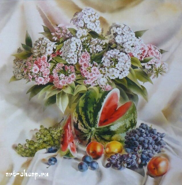 Изобилие. Шелк / холодный батик / 80x80 см. Источник изображения : art-katalog.com›ru/painter/515 и http://art-cheap.ru›gallery/18