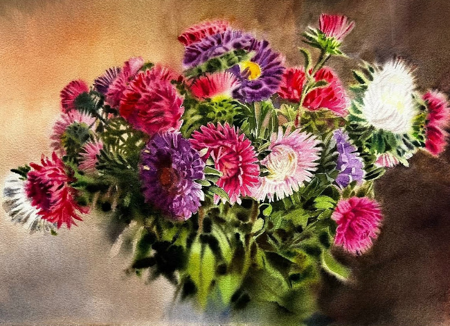 Астры. Бумага, техника: акварель, Источник изображения : art-katalog.com›ru/painter/515 и http://art-cheap.ru›gallery/18