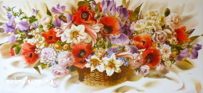 Полевые цветы. Шелк / холодный батик / 60x150 см. Источник изображения : art-katalog.com›ru/painter/515 и http://art-cheap.ru›gallery/18