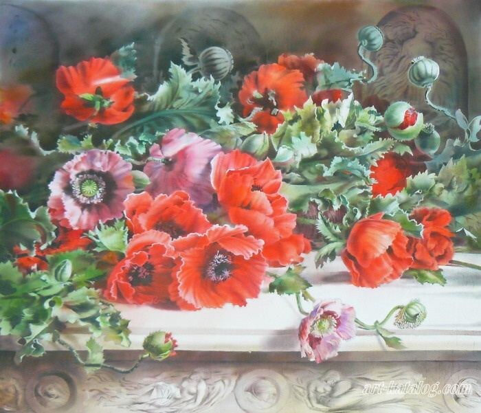 «Маки». Шелк / холодный батик / 70х80 см.