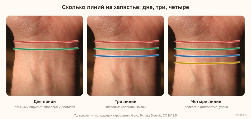 Линии на запястье: что означают браслеты, три и четыре линии