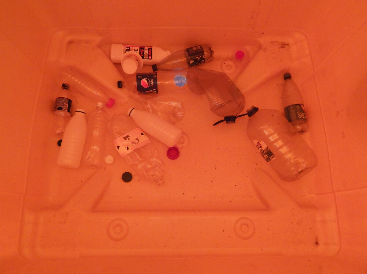 С бутылок не сняты этикетки,крышечки, кольца. Бутылки не смяты.- Это неправильно.