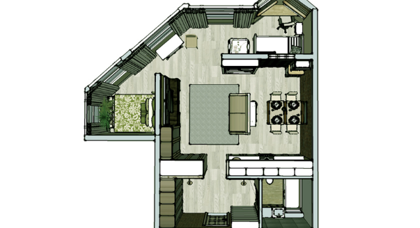 Перепланировка квартиры с расстановкой мебели от дизайнера Ларисы Бокаревой. В плане немного уменьшена ванная комната, чтобы увеличить площадь кухни-столовой.