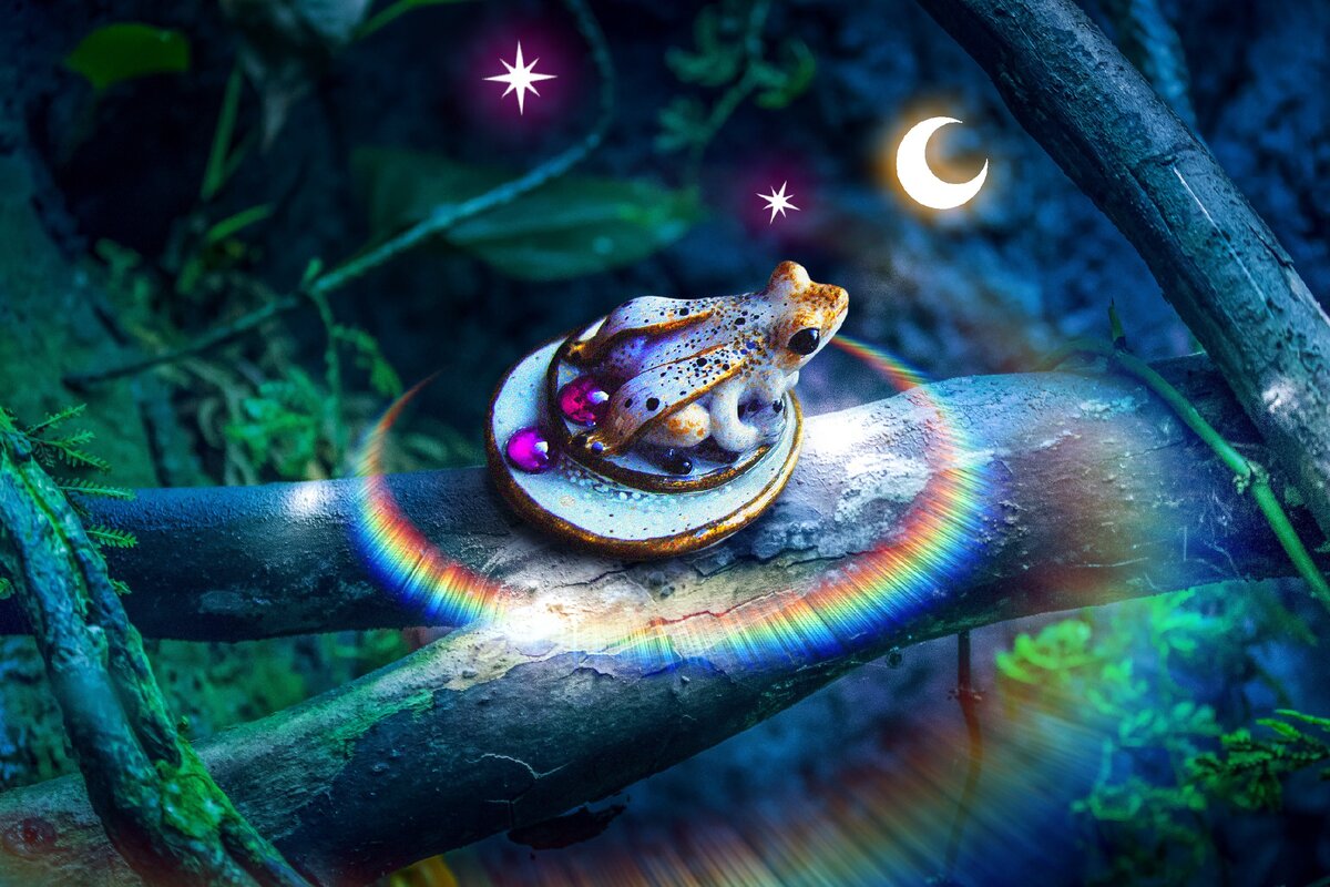 Авторский арт-коллаж: фон - Roberto Lopez, лягушка - Legenda Vincento (кольцо "Дневной Светлячок Квакази").