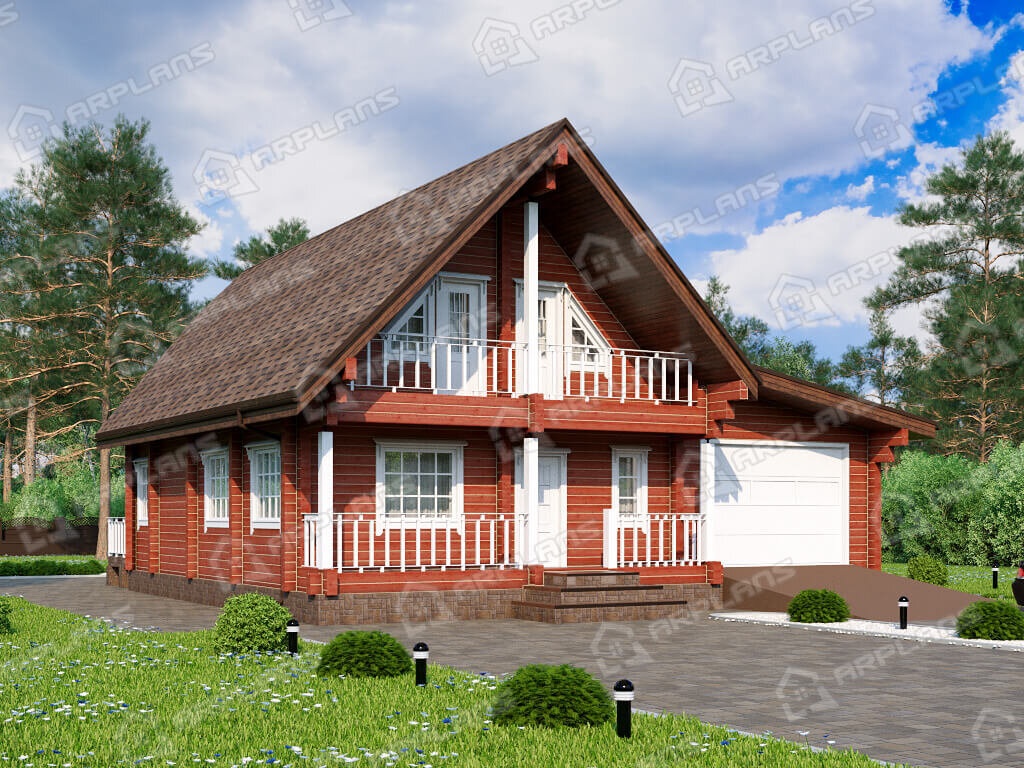 Фото 2 двухэтажного дома из бруса с мансардой, 3 спальнями, эркером, вторым светом, балконом, гаражом и террасой, 180 кв м. Источник arplans.ru Проект ДС-170