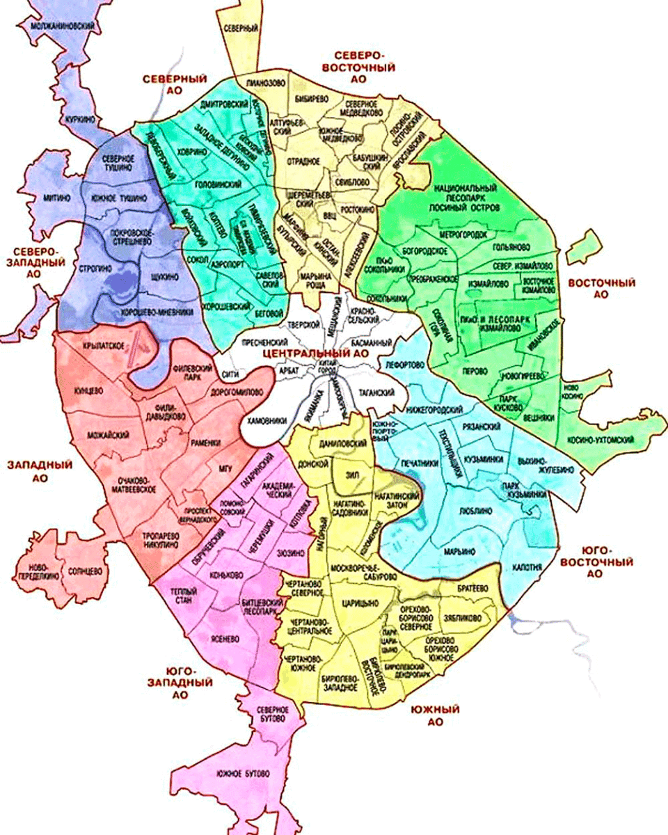 Карта Москвы с районами и округами