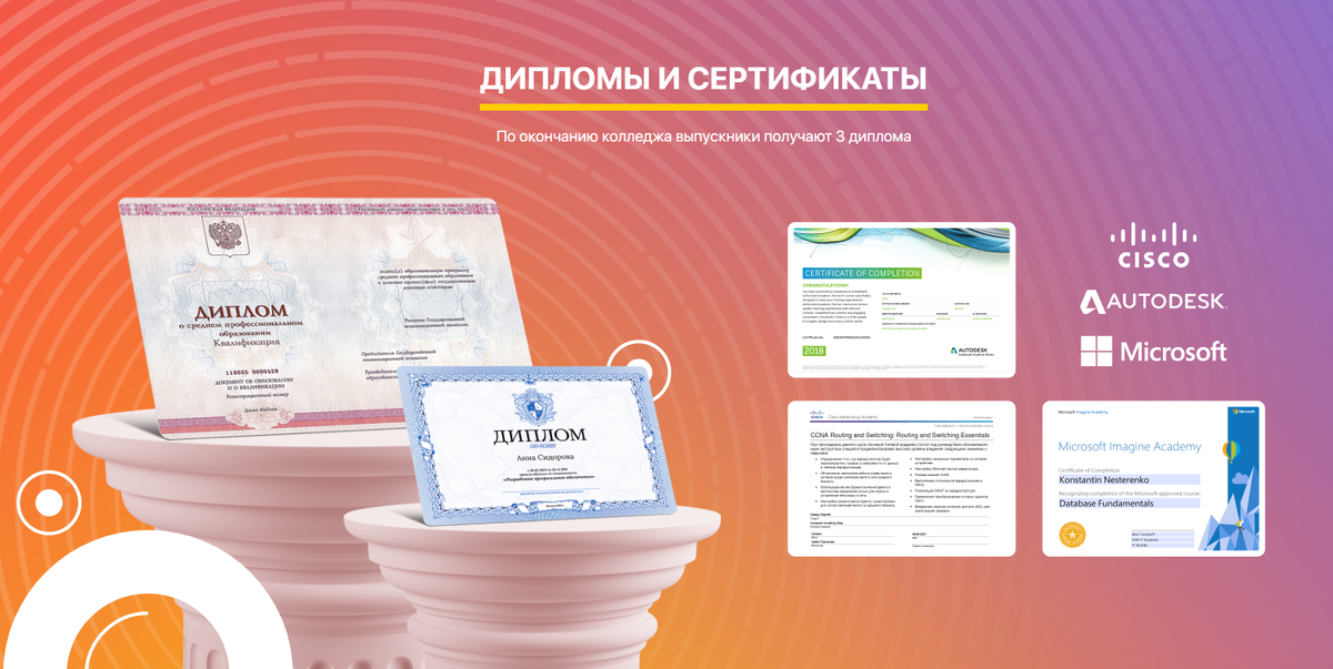 Дипломы и сертификаты которые смогут получить выпускники Колледжа IT TOP