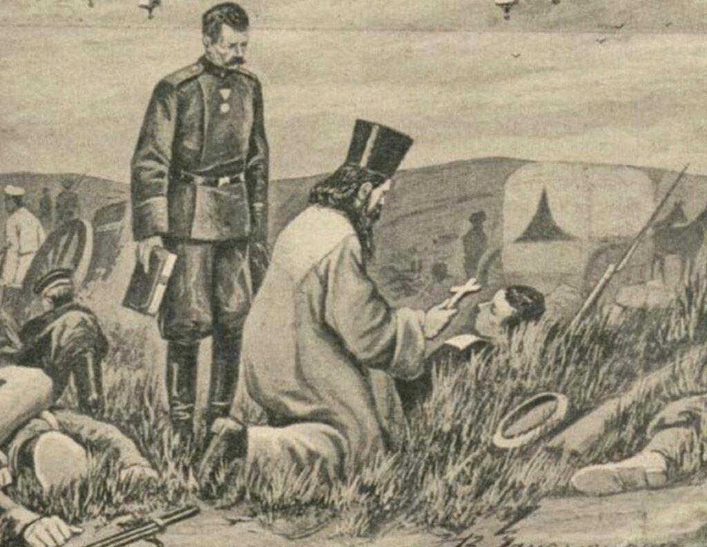 Священник благословляет раненого солдата во время русско-японской войны (картина 1904-1905 гг.)