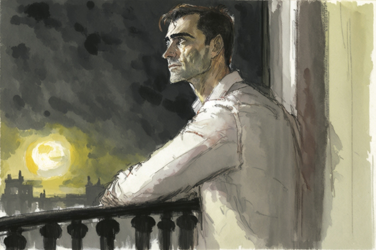 "...с балкона осторожно заглядывал в комнату бритый, темноволосый, с острым носом, встревоженными глазами и со свешивающимся на лоб клоком волос человек примерно лет тридцати восьми..."
 