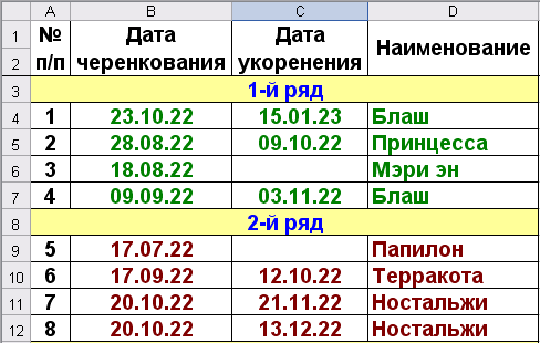 Таблица зимующих в квартире черенков роз по состоянию на 3 апреля