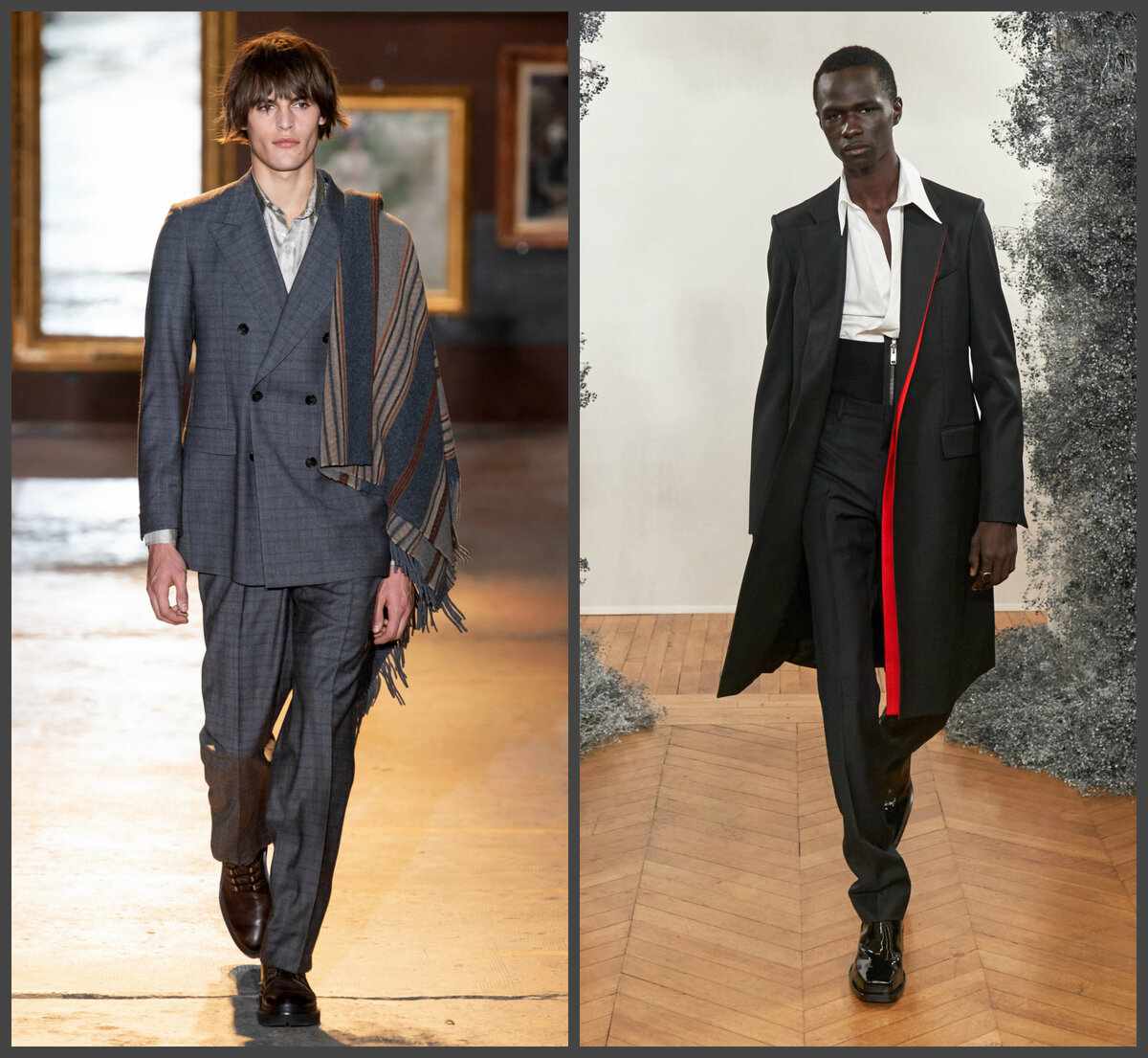 Etro Menswear  и Givenchy осень-зима 2020/2021. Классика смело миксуется со всем подряд. Классические брюки и пиджаки постепенно уходят "в народ", переставая быть элементами только делового костюма