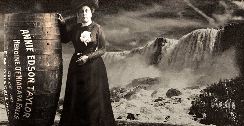 Коллаж "Энни Эдсон Тейлор и Ниагарский водопад" (источник изображения - https://wednesdayswomen.com/the-first-niagara-falls-barrel-daredevil-annie-edson-taylor)