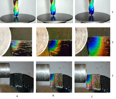 Рис.1Рис.2. Моделирование тепловых полей режущего инструмента. 1А -1С – динамика развития теплового поля в спиральном сверле. 2А-2С- динамика развития теплового поля в отрезном резце. 3А- 3С – динамика развития теплового поля в проходном резце.