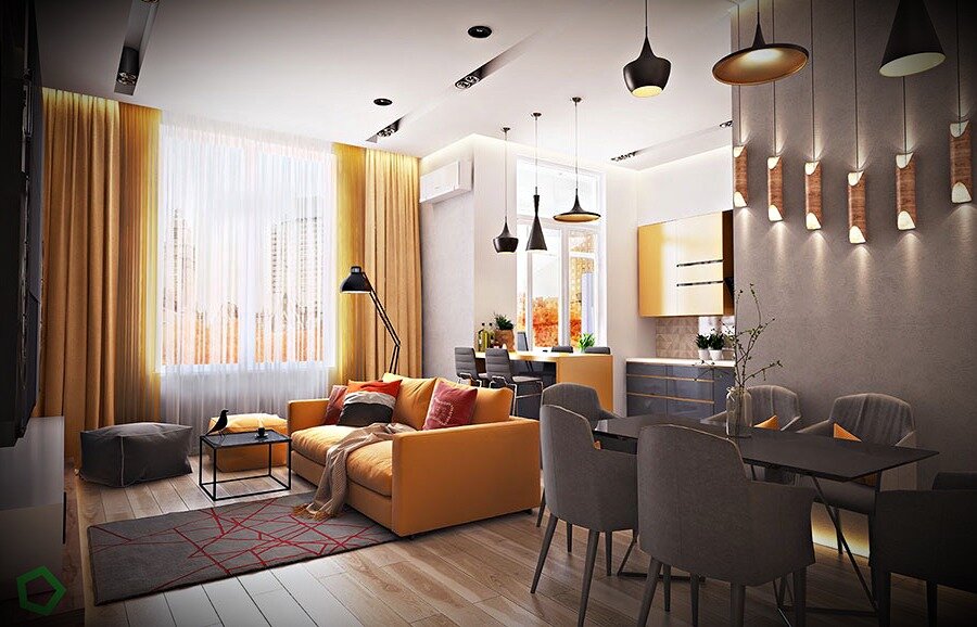 столовая, кухня и гостиная вместе