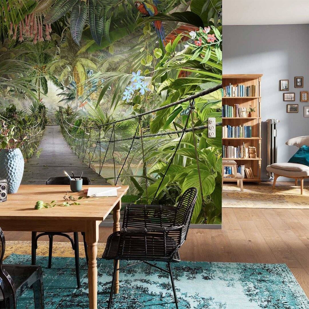 Тропические фотообои идеальны в сочетании с дымчато-серыми жидкими обоями Silk Plaster Provence 037 или стальным оттенком Silk Plaster East 962
