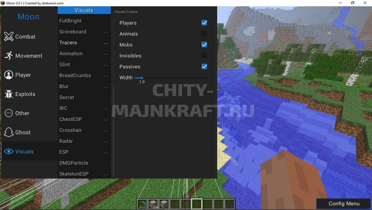Данный чит не особо выделяется чем-то таким, но в нём много функции. Чтобы открыть меню чита, нужно нажать на правый шифт.