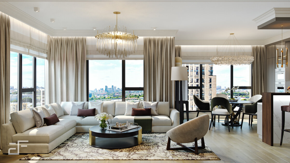 Дизайн интерьера кухни-гостиной в светлых тонах.