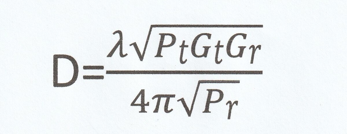 Формула Фрииса для определения дальности радиосвязи в идеальных условиях. Здесь D - дальность, Pt - подаваемая на передающую антенну мощность; Gt - коэффициент усиления передающей антенны; Gr - коэффициент усиления приёмной антенны; лямбда - длина волны в метрах; Pr - мощность, полученная от приёмной антенны