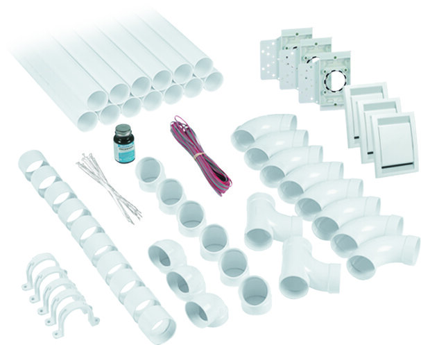 Комплект труб и фитингов на 3 пневматические розетки состоит из: 
- внутренние панели пневморозеток (подрозетник) – 3 шт
- наружные панели пневморозеток  бел. – 3 шт.
- труба 1,15 м.п. – 13 шт.
- колено 90 длинное м/м – 8 шт.
- тройник 90– 2 шт.
- колено 90 короткое м/м – 3 шт.
- колено 45 м/м – 6 шт.
- муфта монтажная – 10 шт.
- хомут монтажный – 5 шт.
- клей 60 мл. – 1 шт.
- кабель электрический 15м. – 1 шт.