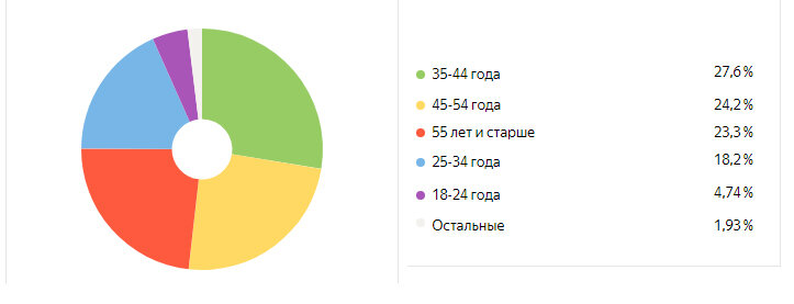 Скриншот с Яндекс-Метрики, средний возраст посетителей за прошедший год, попробуйте найти себя