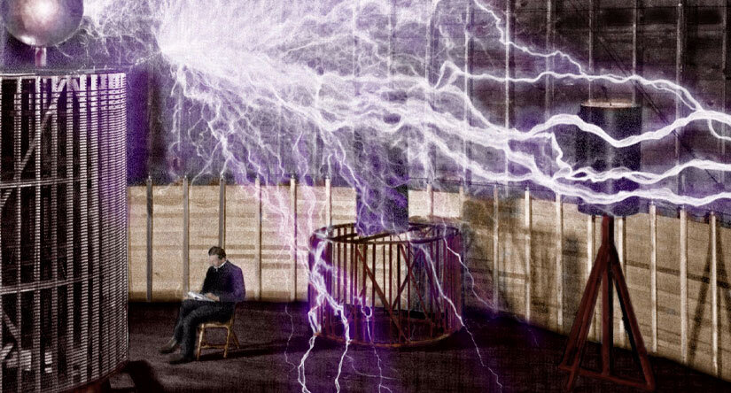 Тесла в своей лаборатории в Колорадо-Спрингс