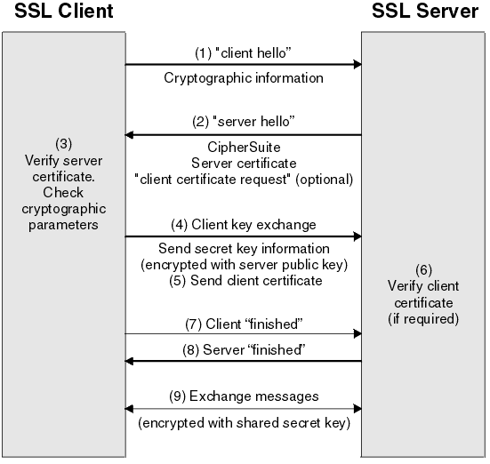Подпись: (1) “Client Hello”. Криптографическая информация. (2) “Server Hello”. Комбинация шифров — Cipher Suite. Запрос сертификата клиента (не обязательно). (3) Проверка сертификата сервера. Проверка криптографических параметров. (4) Обмен ключами клиента. Отправка информации о секретном ключе (зашифрована с открытым ключом сервера). (5) Отправка сертификата клиента. (6) Проверка сертификата клиента (если требуется). (7) Клиент — “finished”. (8) Сервер — “finished”.