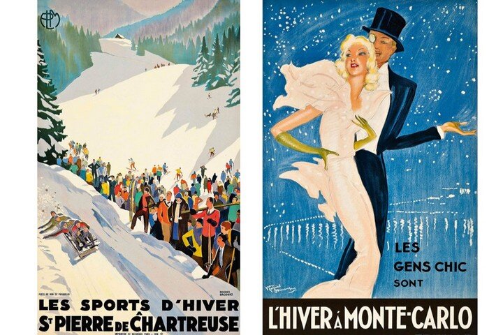 1 - Постер Les Sports d’Hiver à St.Pierre de Chartreuse, художник Роже Бродер, 1930; 2 - Постер L’Hiver à Monte-Carlo, художник Жан-Габриэль Домерг, 1937