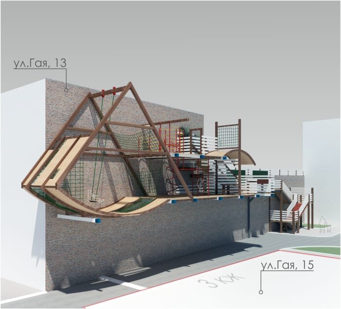 Уникальный проект детских площадок от молодого автора Александра Алексеева, Проектная группа "Квартал". Проект был представлен мэру во время экскурсии Андреем Чередниченко, автором блога "ИзнанкаГорода". В настоящее время проект находится на рассмотрении  в городском Управлении по градостроительству и архитектуре.