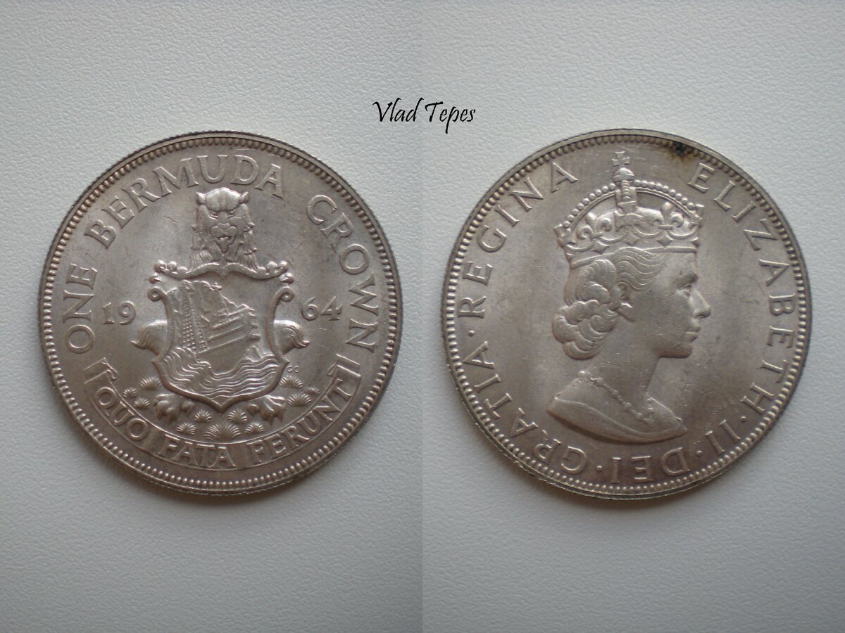 Бермудские острова - 1 крона 1964 года, серебро 500 пробы, отчеканено: 470000 штук (фото автора)