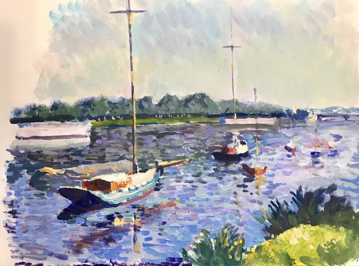 Сюжет: Яхты Клода Моне. Материал: бумага, акриловые краски. Работа выполнена за полтора часа.