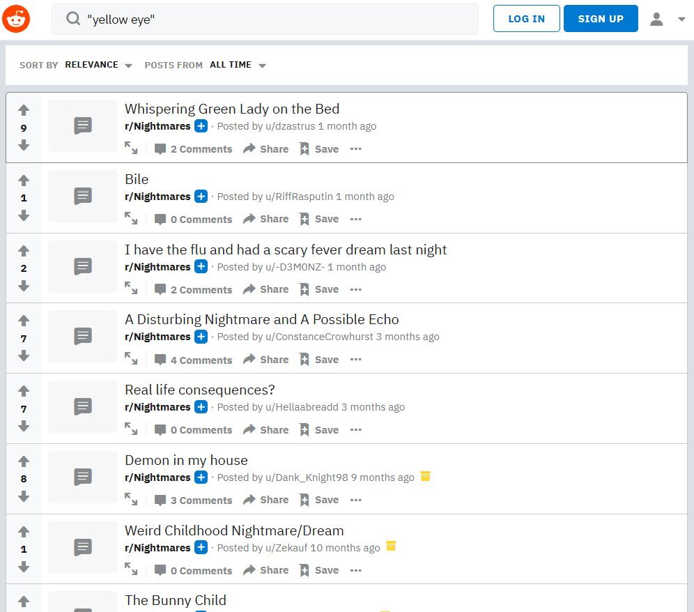 Начало списка выдачи по запросу "желтые глаза": https://www.reddit.com/r/Nightmares/search/?q=%22yellow%20eye%22&restrict_sr=1