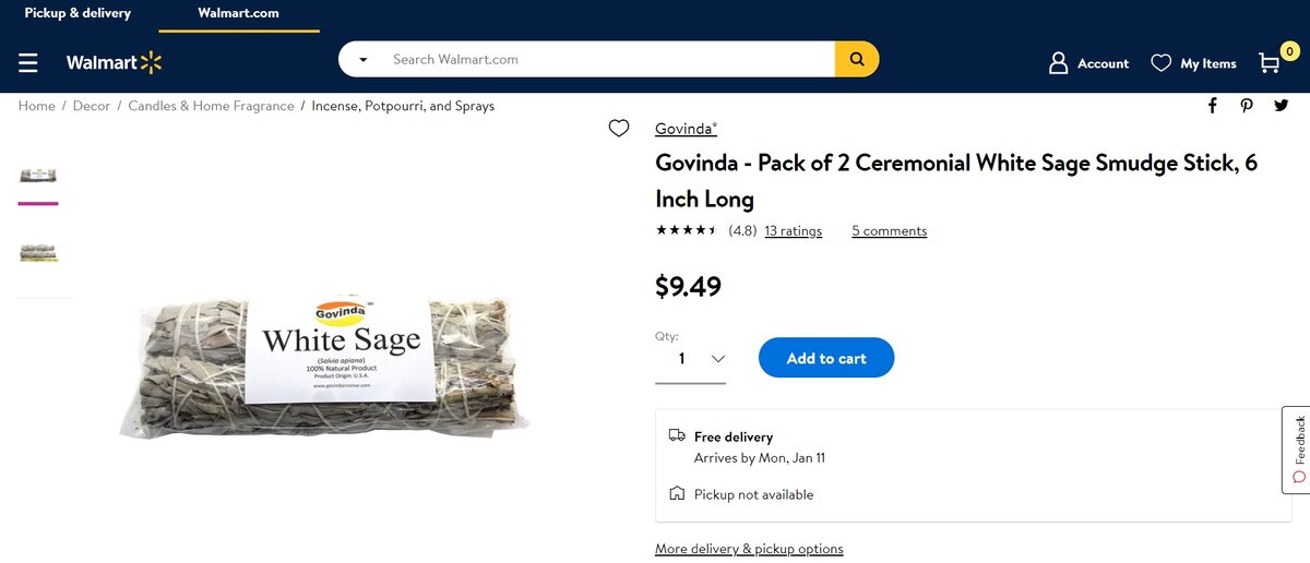 Сайт гипермаркета Walmart с лотом "Белый шалфей" - White Sage.