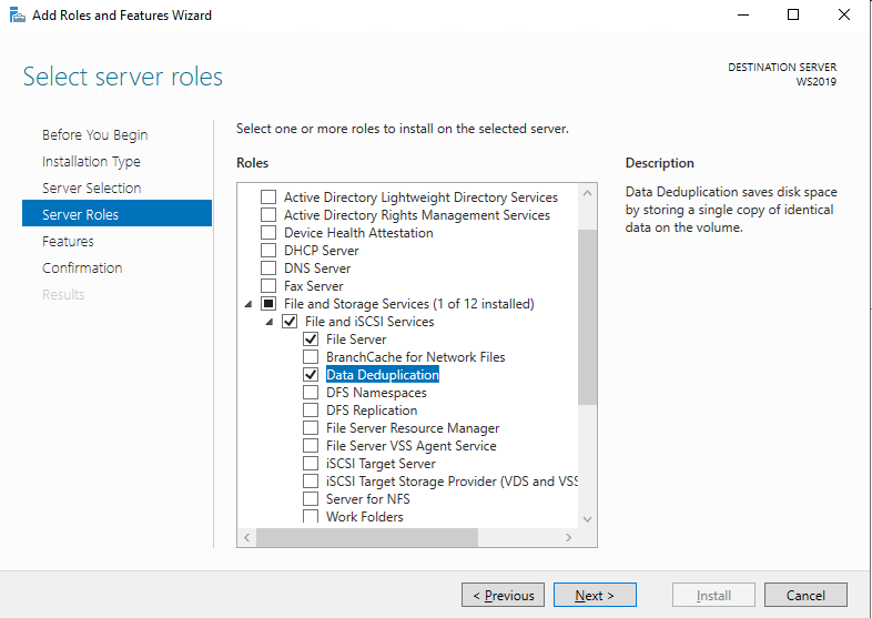 Установка роли Дедупликации данных в Windows Server 2019