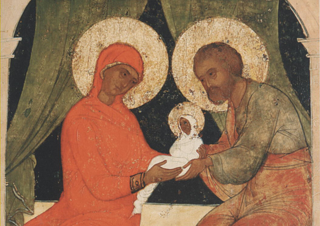 Старинная фреска. Иоаким и Анна с Богородицей на руках