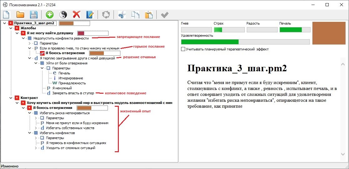 Экран программы в стадии работы с убеждениями