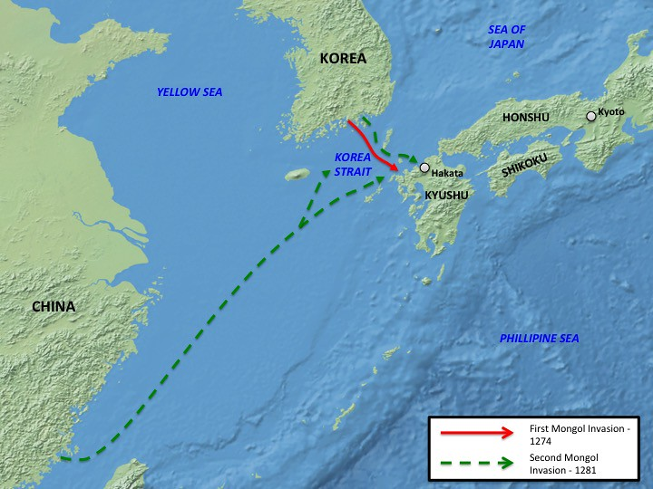 Корейский пролив. Монгольское вторжение в Японию 1274. Монгольские вторжения в Японию. Монгольское вторжение в Японию карты.
