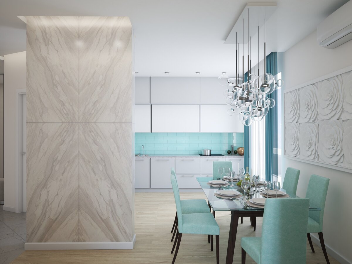 Использование одного цвета (бирюзы) и его оттенков на нейтральном фоне в интерьере кухни-столовой. Эскиз из дизайн-проекта Андрея и Екатерины Андреевых.