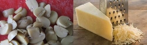    Начнём с курицы. Для этого салата можно брать и филе, и грудку. И даже копчёную курицу. Мясо можно отварить, а можно обжарить на небольшом количестве растительного масла. Тем, кто любит поострее, рекомендую добавить приправы. Замечу, что если Вы отвариваете курицу, то кладите её целым куском, а затем нарезайте кубиками, а если обжариваете - то сначала нарежьте, а затем перекладывайте на сковородку.     Морковь, картофель и яйца складываем в одну кастрюлю и варим до готовности.     Затем очищаем продукты от кожуры и скорлупы, и поступаем так: Яйца трём на крупной тёрке, а охлаждённые морковь и картофель режем кубиками или тоже трём на тёрке.     Переходим к грибам. Для большей экономии времени, предлагаю использовать уже готовые, то есть консервированные шампиньоны. Никакой дополнительной обработки им не требуется, и мы просто мелко режем их кубиками или пластинками. Сыр, можно и плавленный, натираем на крупной тёрке, и переходим к следующему шагу. 