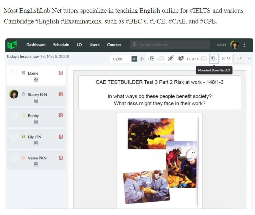 Скриншот с урока подготовки к CAE - во время прогона устной части, важно видеть иллюстрации к вопросам.  Формат видеоконференции для такого урока мало подходит - важно ведь каждые несколько мину также получать обратную связь, разбирать ошибки - а это конспект урока нужно вести, что-то печатать или записывать в тетрадь, лежащую рядом с компом, от руки. 