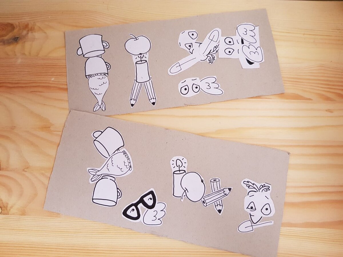 Вот как играли мы. Я клеила те же элементы, что и ребёнок, но по-своему