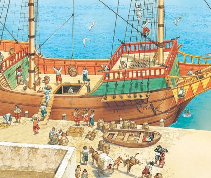 Испанский галеон в Новом Свете. Иллюстратор: Peter Dennis