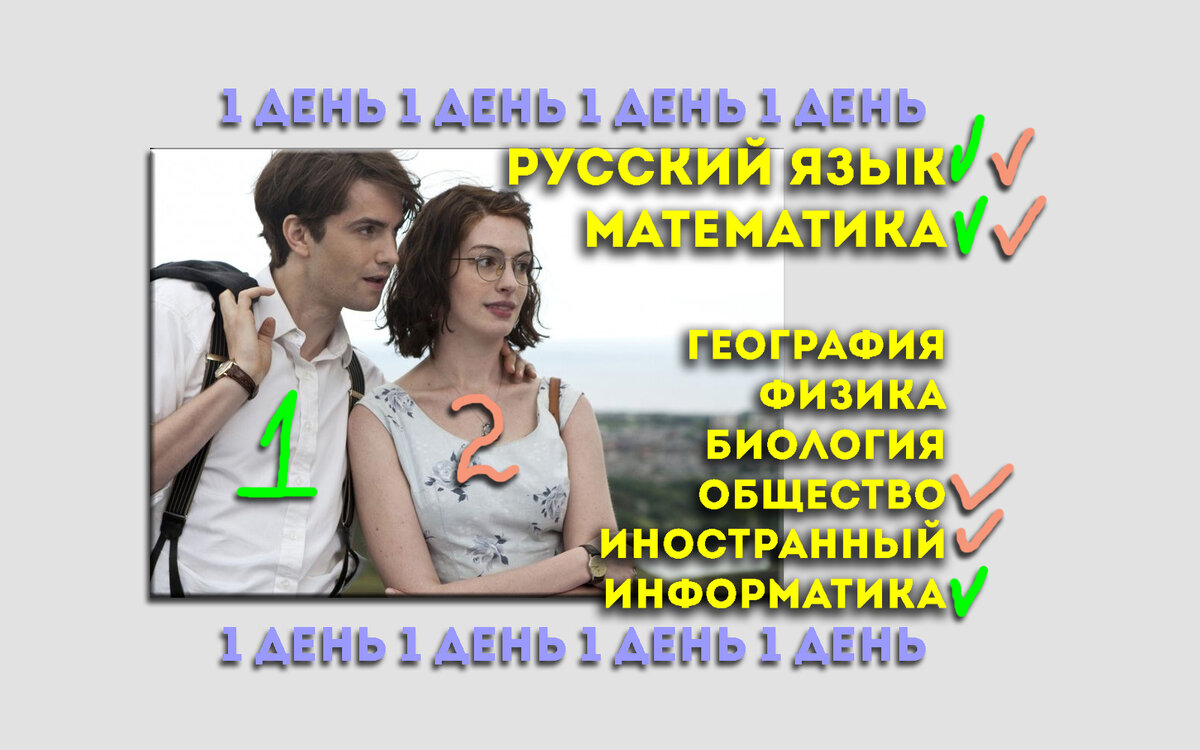 фото - скрин из фильма "Один день", здесь указаны примерные экзамены двух героев, парень сдаёт 3 экзамена, а девушка 4 . Для иллюстрации статьи