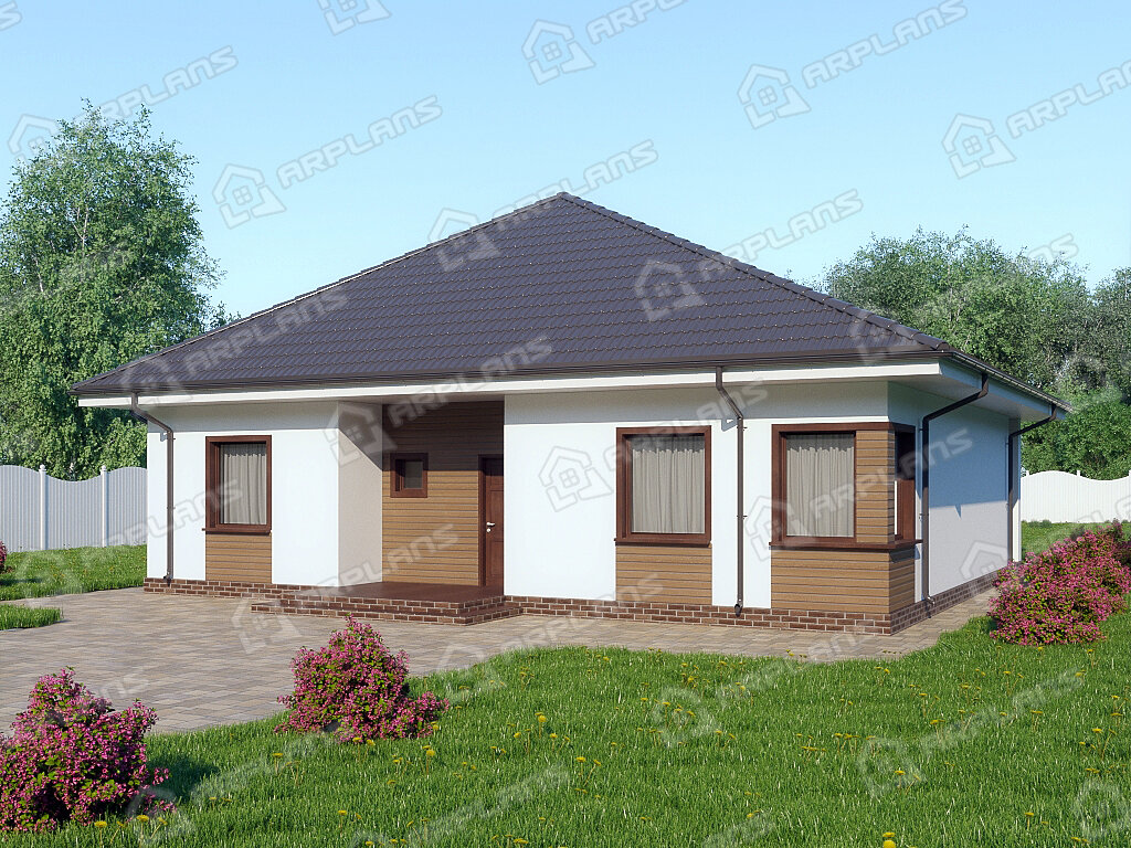 Фото 2 одноэтажного дома из газобетона с 3 спальнями и террасой. 130 кв м. Источник arplans.ru Проект К-160