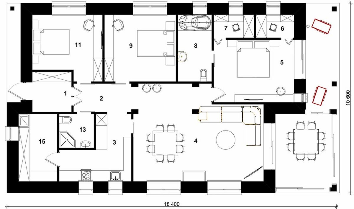 Вариант плана - сделана изолированная кухня, смежная с котельной или кладовой, детские - без гардеробных