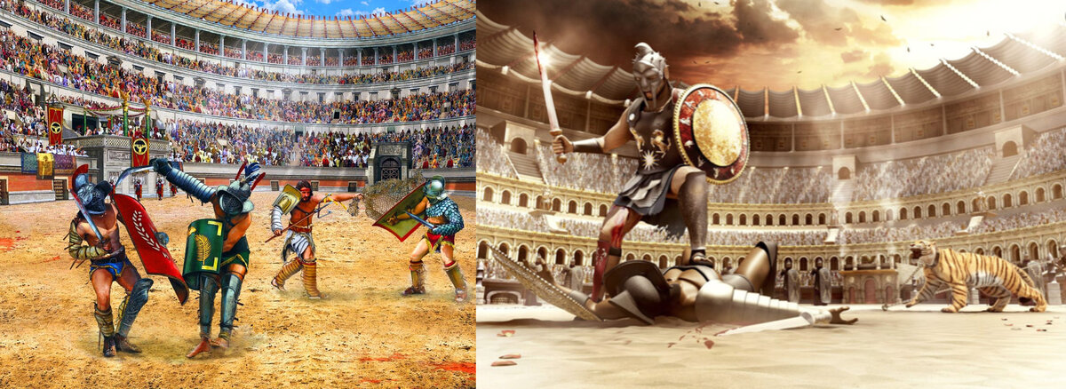 Сражения гладиаторов на арене Колизея.
