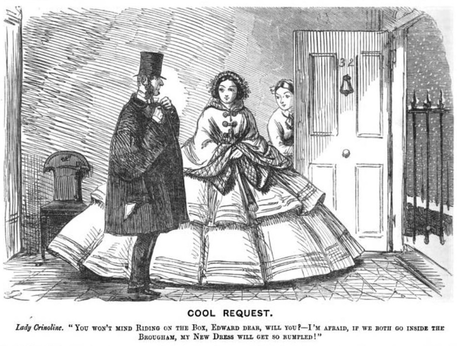 Карикатура из "Панча", июнь 1857. "Эдвард, дорогой, ты не поедешь снаружи экипажа? Я боюсь, внутри мы оба не поместимся, моё новое платье помнётся". (сс) Wikimedia Commons