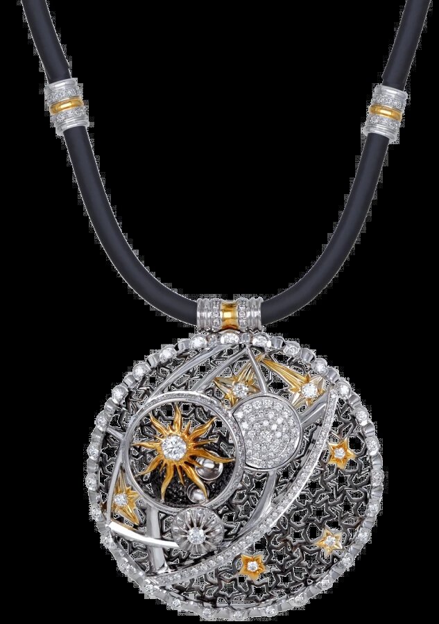 "ВСЕЛЕННАЯ" КОЛЬЕ, ювелирный дом RODIS, ручная работа, белое золото 585 пробы, прозрачные и черные бриллианты высшей категории